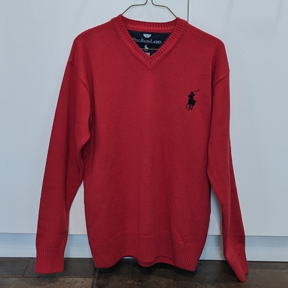 Polo Ralph Lauren Preppy Vintage Cotton V Neck Unisex Sweater Large Logo Red ♥️